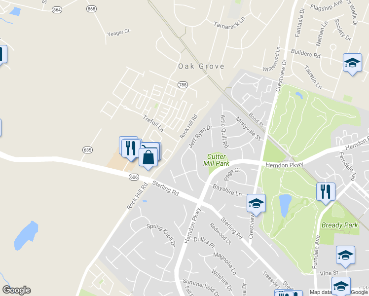 map of restaurants, bars, coffee shops, grocery stores, and more near 1033 Jeff Ryan Drive in Herndon