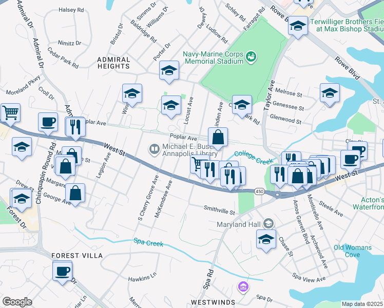 map of restaurants, bars, coffee shops, grocery stores, and more near 33 Glen Avenue in Annapolis