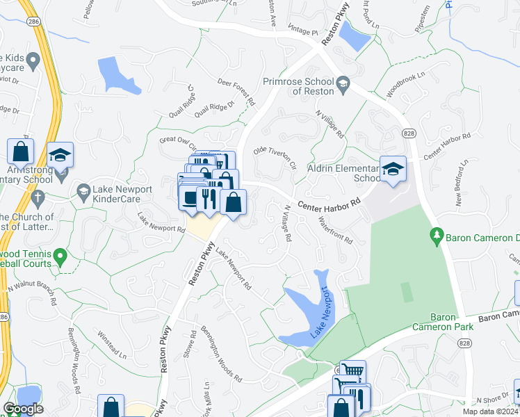 map of restaurants, bars, coffee shops, grocery stores, and more near 1445 Church Hill Place in Reston