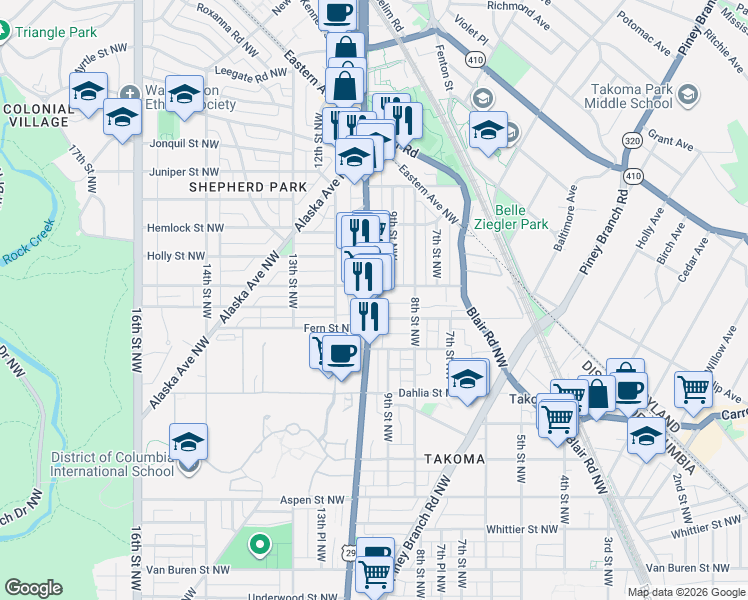 map of restaurants, bars, coffee shops, grocery stores, and more near 101 Independence Avenue Southeast in Washington