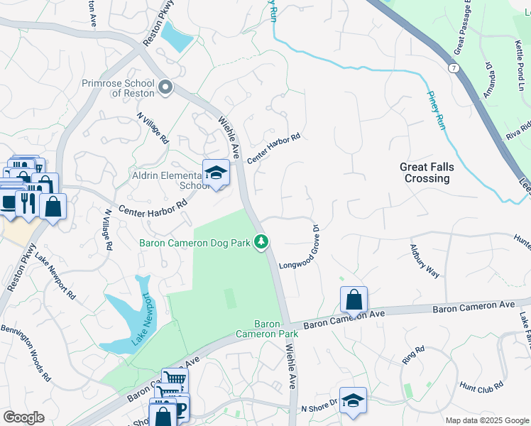map of restaurants, bars, coffee shops, grocery stores, and more near 11181 Longwood Grove Drive in Reston