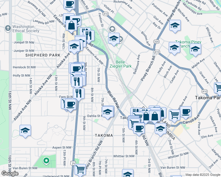 map of restaurants, bars, coffee shops, grocery stores, and more near 7325 Blair Rd NW in Washington