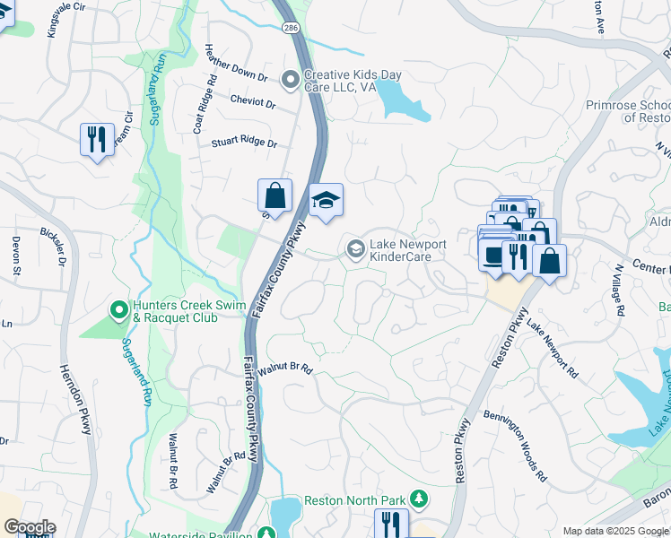 map of restaurants, bars, coffee shops, grocery stores, and more near 1502 Poplar Grove Drive in Reston