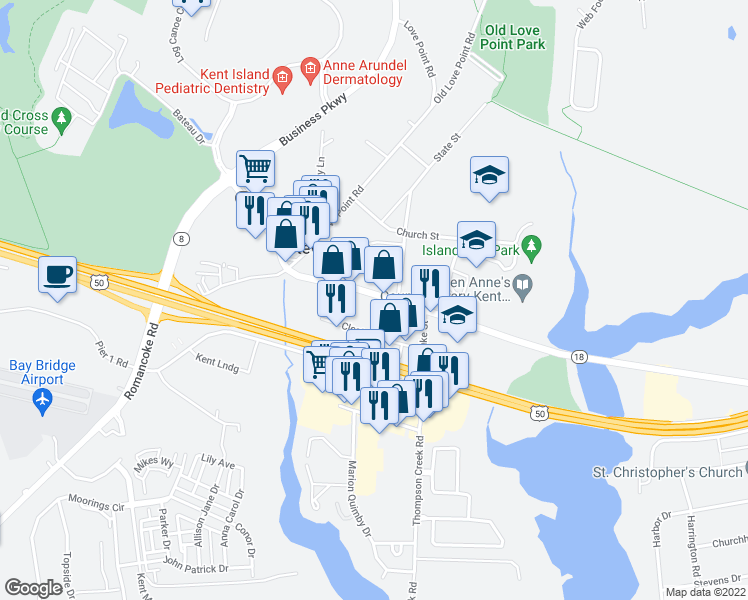 map of restaurants, bars, coffee shops, grocery stores, and more near 416 Main Street in Stevensville
