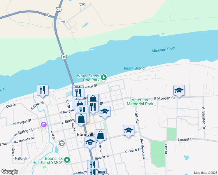 map of restaurants, bars, coffee shops, grocery stores, and more near 114 East Rear Water in Boonville