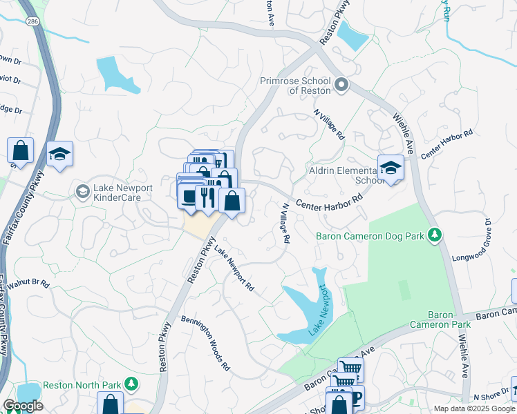 map of restaurants, bars, coffee shops, grocery stores, and more near 1445 Church Hill Place in Reston