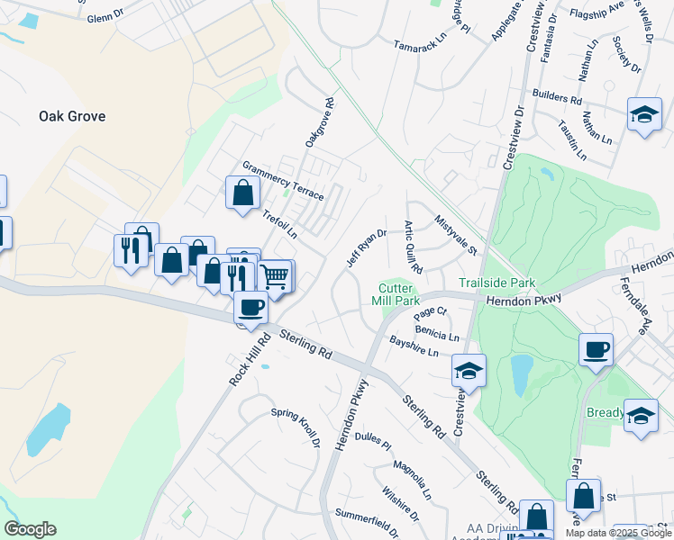 map of restaurants, bars, coffee shops, grocery stores, and more near 1033 Jeff Ryan Drive in Herndon