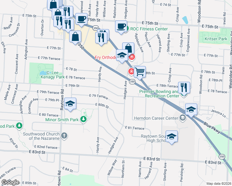 map of restaurants, bars, coffee shops, grocery stores, and more near 10509 East 79th Street in Raytown
