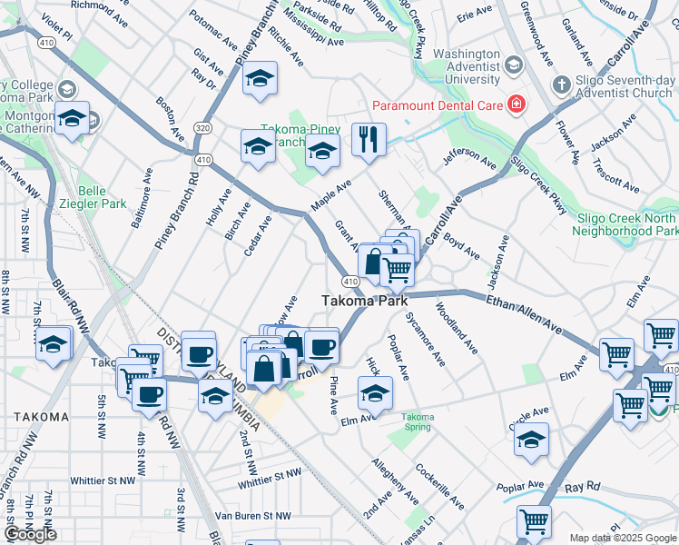 map of restaurants, bars, coffee shops, grocery stores, and more near 21 Maryland 410 in Takoma Park