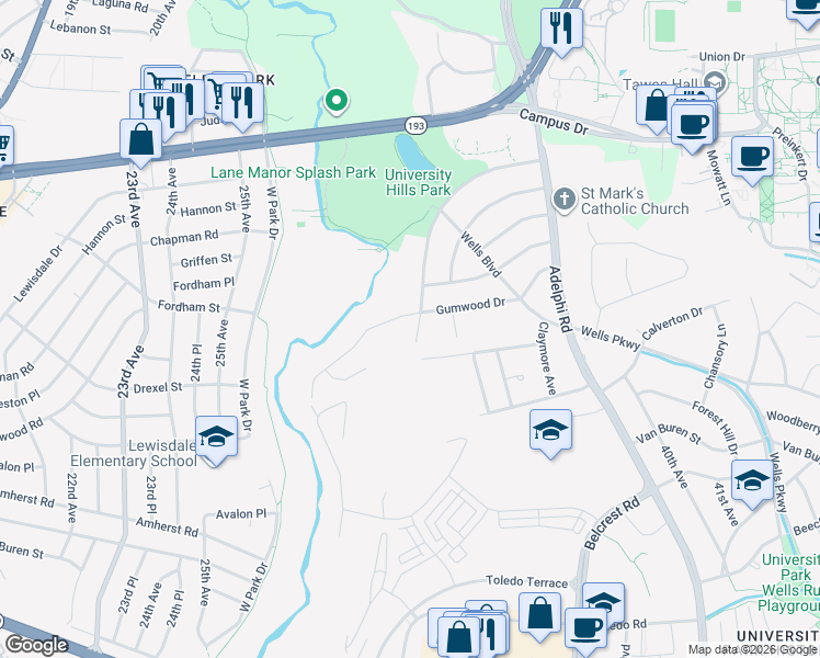 map of restaurants, bars, coffee shops, grocery stores, and more near 3208 Stanford Street in Hyattsville