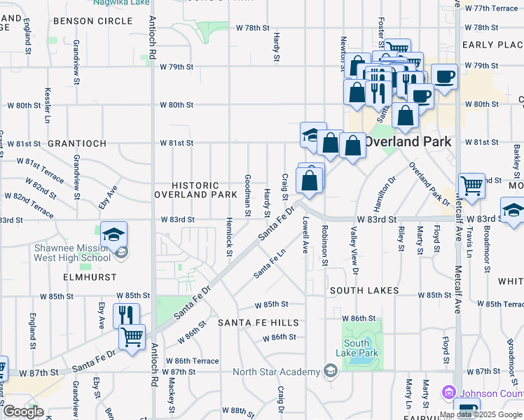 map of restaurants, bars, coffee shops, grocery stores, and more near 8233 Goodman Street in Overland Park