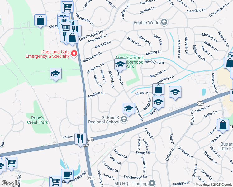 map of restaurants, bars, coffee shops, grocery stores, and more near 3400 Morlock Lane in Bowie