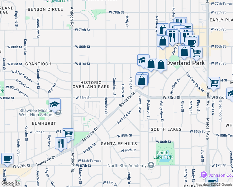 map of restaurants, bars, coffee shops, grocery stores, and more near 8233 Goodman Street in Overland Park