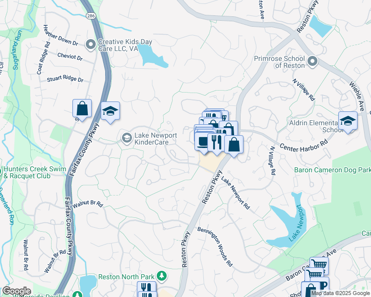 map of restaurants, bars, coffee shops, grocery stores, and more near 11725 Summerchase Circle in Reston