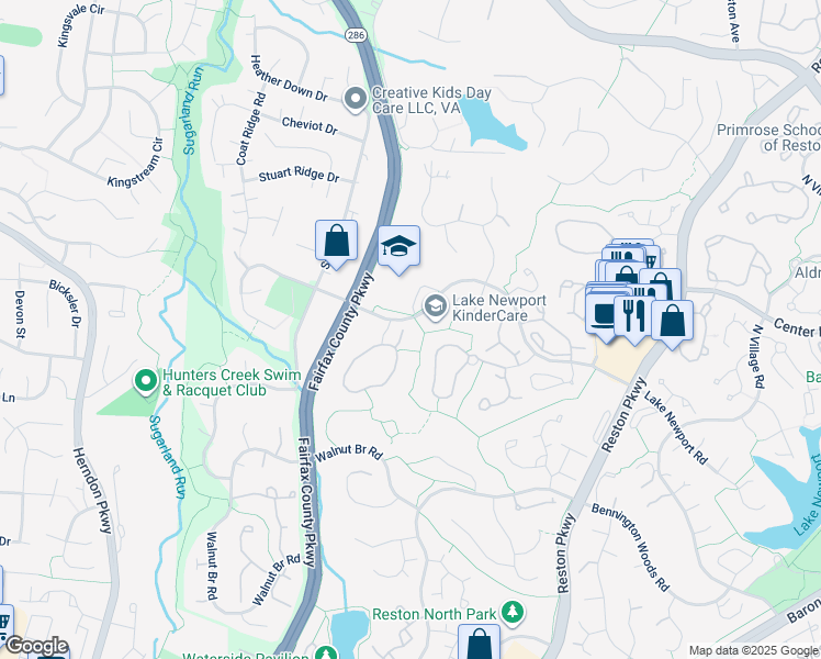 map of restaurants, bars, coffee shops, grocery stores, and more near 1502 Poplar Grove Drive in Reston