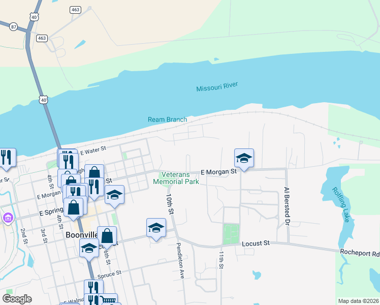 map of restaurants, bars, coffee shops, grocery stores, and more near 9-17 Riverside Drive in Boonville