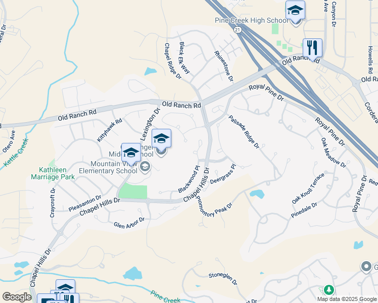 map of restaurants, bars, coffee shops, grocery stores, and more near 3214 Blackwood Place in Colorado Springs