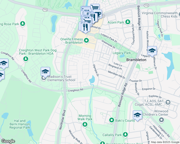map of restaurants, bars, coffee shops, grocery stores, and more near 23058 Sullivans Cove Square in Brambleton