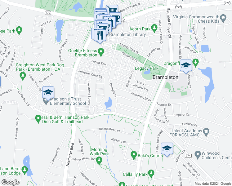 map of restaurants, bars, coffee shops, grocery stores, and more near 23016 Olympia Drive in Ashburn