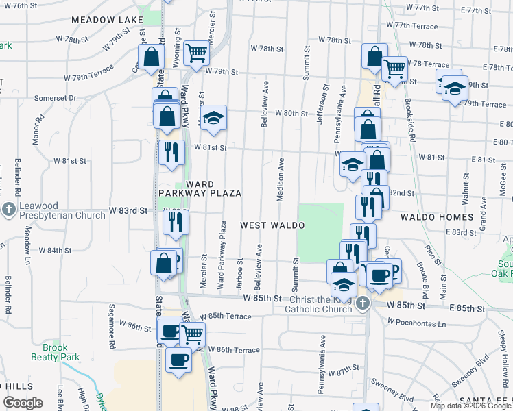 map of restaurants, bars, coffee shops, grocery stores, and more near 8200 Belleview Avenue in Kansas City