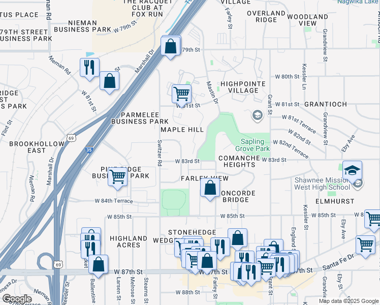 map of restaurants, bars, coffee shops, grocery stores, and more near 8134 Perry Street in Overland Park