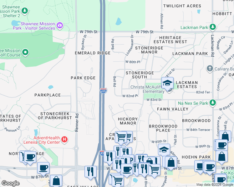 map of restaurants, bars, coffee shops, grocery stores, and more near 8233 Bell Rd in Lenexa