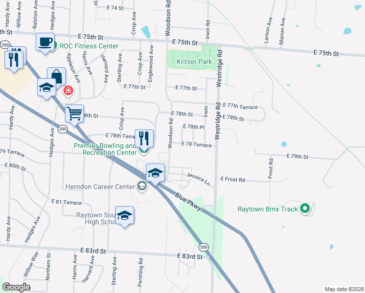map of restaurants, bars, coffee shops, grocery stores, and more near 11613 East 78 Terrace in Raytown