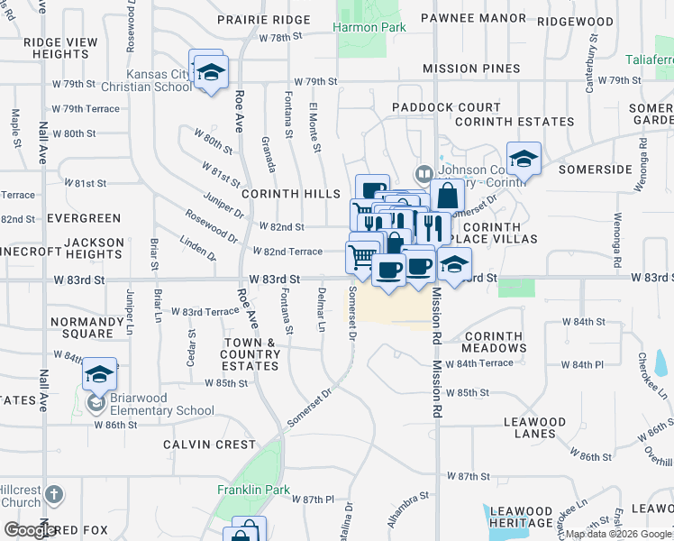 map of restaurants, bars, coffee shops, grocery stores, and more near 4304 West 83rd Street in Prairie Village