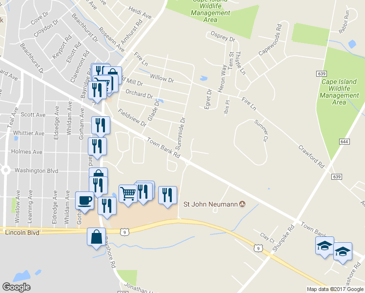 map of restaurants, bars, coffee shops, grocery stores, and more near 6 Sunnyside Drive in North Cape May