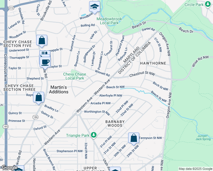 map of restaurants, bars, coffee shops, grocery stores, and more near 6901 Western Avenue Northwest in Washington