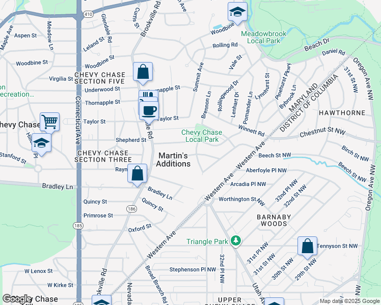map of restaurants, bars, coffee shops, grocery stores, and more near 3417 Cummings Lane in Chevy Chase