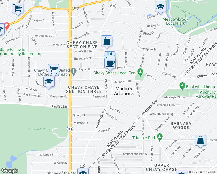 map of restaurants, bars, coffee shops, grocery stores, and more near 6811 Georgia Street in Chevy Chase