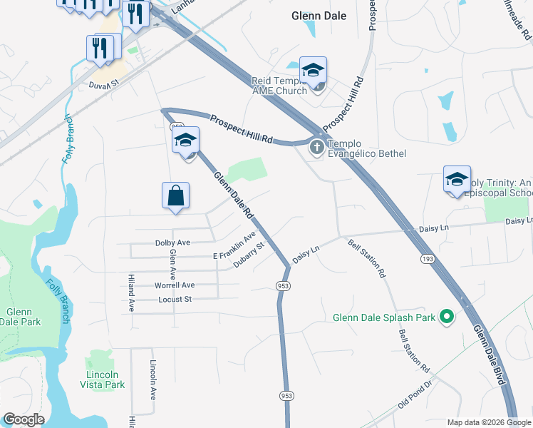 map of restaurants, bars, coffee shops, grocery stores, and more near 6415 Glenn Dale Road in Glenn Dale