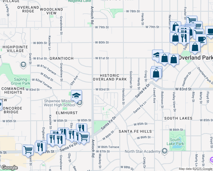 map of restaurants, bars, coffee shops, grocery stores, and more near 8232 Woodward in Overland Park