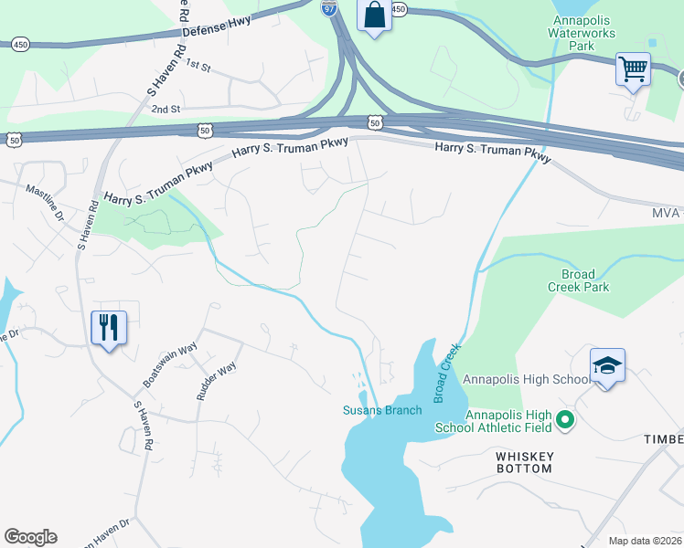 map of restaurants, bars, coffee shops, grocery stores, and more near 548 Coover Road in Annapolis