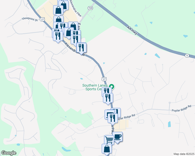 map of restaurants, bars, coffee shops, grocery stores, and more near 7577 Alexandria Pike in Alexandria
