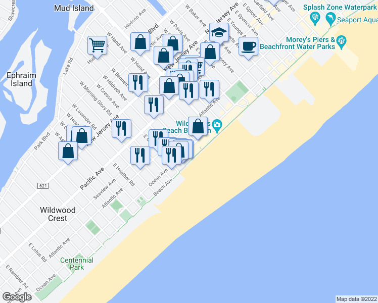 map of restaurants, bars, coffee shops, grocery stores, and more near 5200 Ocean Avenue in Wildwood