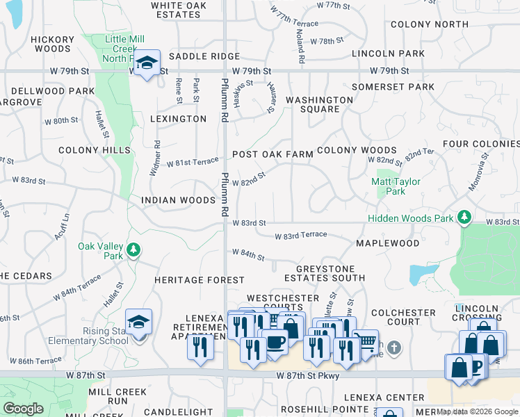 map of restaurants, bars, coffee shops, grocery stores, and more near 8207 Caenen Lake Road in Lenexa