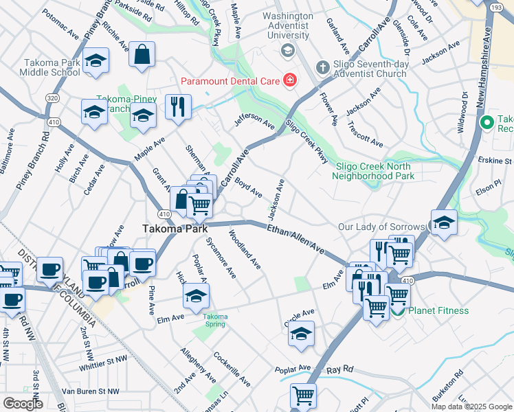 map of restaurants, bars, coffee shops, grocery stores, and more near 10 Manor Circle in Takoma Park