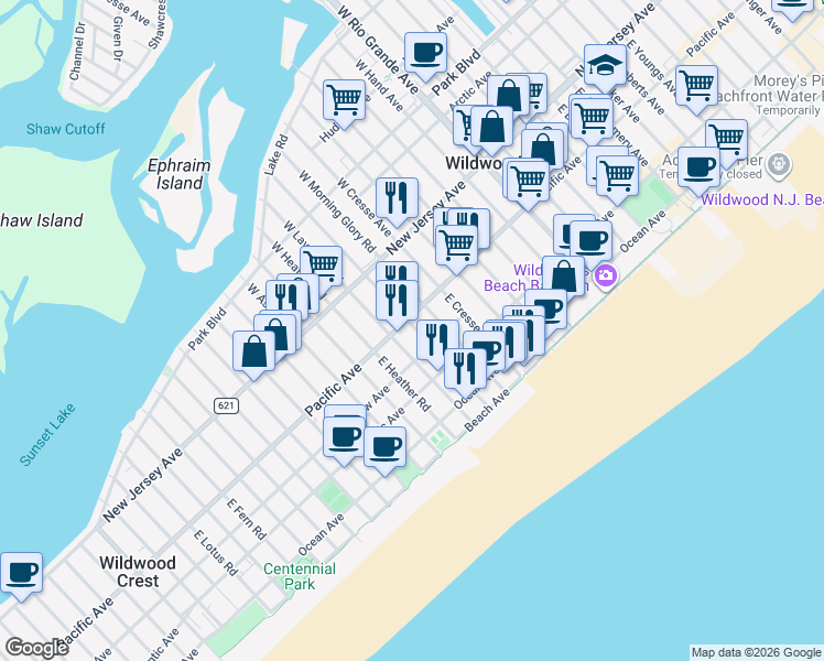 map of restaurants, bars, coffee shops, grocery stores, and more near 204 East Buttercup Road in Wildwood Crest