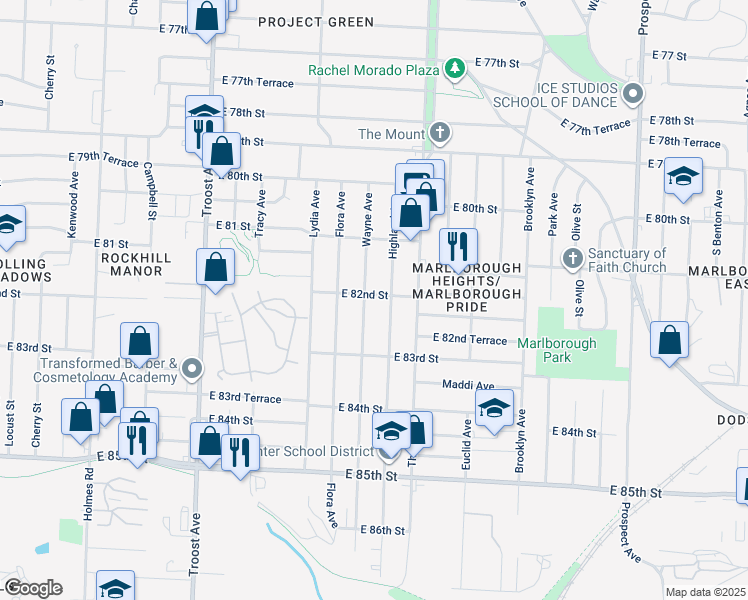 map of restaurants, bars, coffee shops, grocery stores, and more near 1603 East 82nd Street in Kansas City