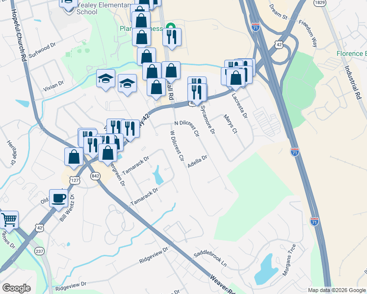 map of restaurants, bars, coffee shops, grocery stores, and more near 145 West Dilcrest Circle in Florence