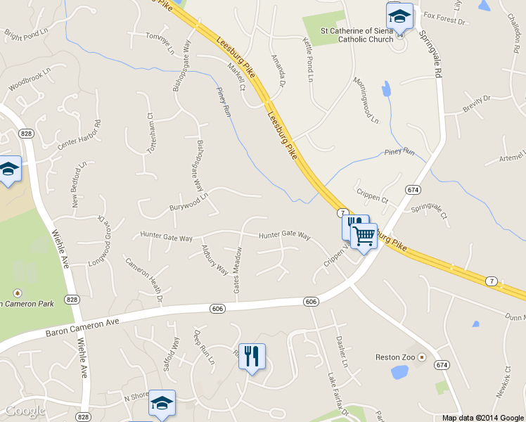map of restaurants, bars, coffee shops, grocery stores, and more near 1288 Gatesmeadow Way in Reston