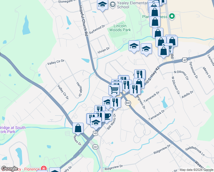 map of restaurants, bars, coffee shops, grocery stores, and more near 7861 Hopeful Church Road in Florence