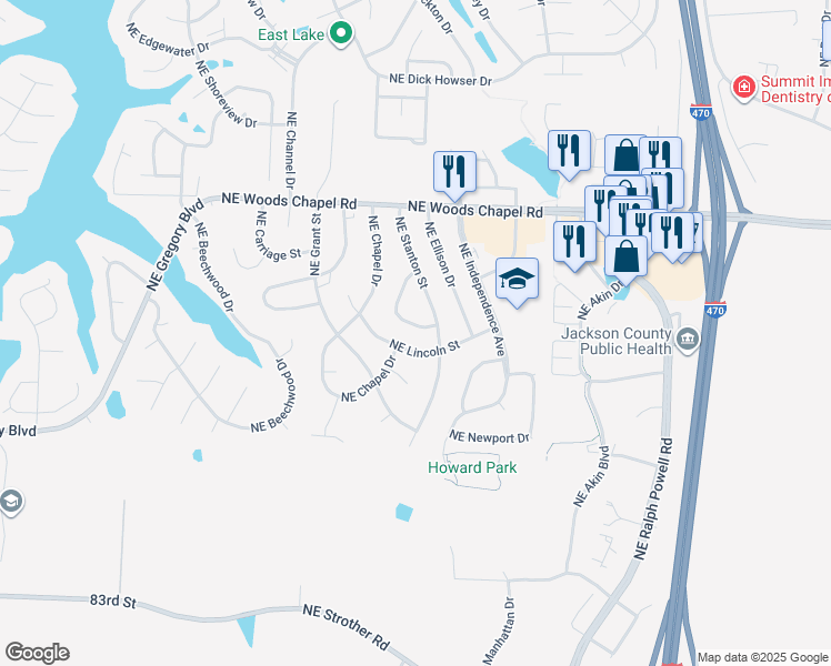 map of restaurants, bars, coffee shops, grocery stores, and more near 410 Northeast Stanton Lane in Lee's Summit