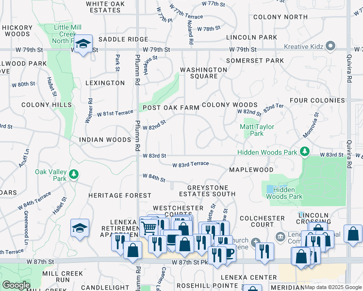 map of restaurants, bars, coffee shops, grocery stores, and more near 8218 Noland Road in Lenexa