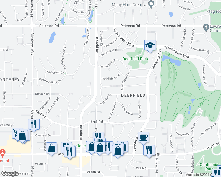 map of restaurants, bars, coffee shops, grocery stores, and more near 3209 Longhorn Drive in Lawrence