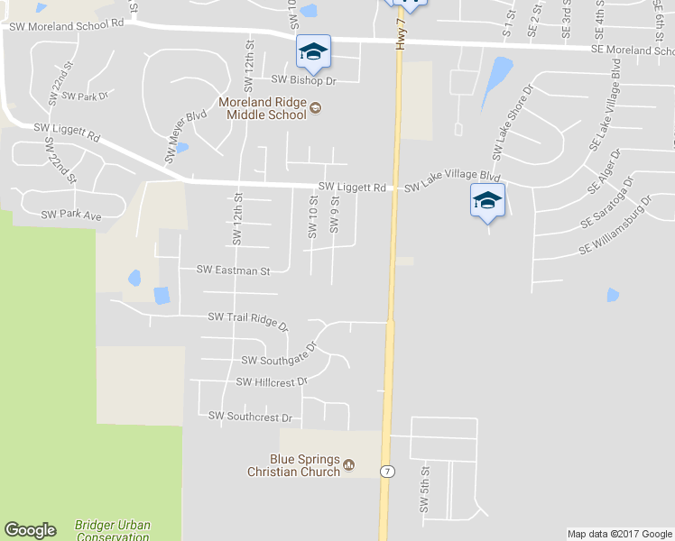 map of restaurants, bars, coffee shops, grocery stores, and more near 4104 Southwest 9 Street in Blue Springs