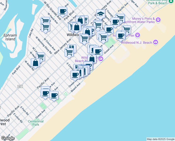map of restaurants, bars, coffee shops, grocery stores, and more near 5200 Ocean Avenue in Wildwood