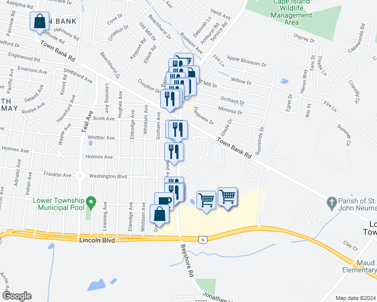 map of restaurants, bars, coffee shops, grocery stores, and more near 3805 Bayshore Road in Cape May